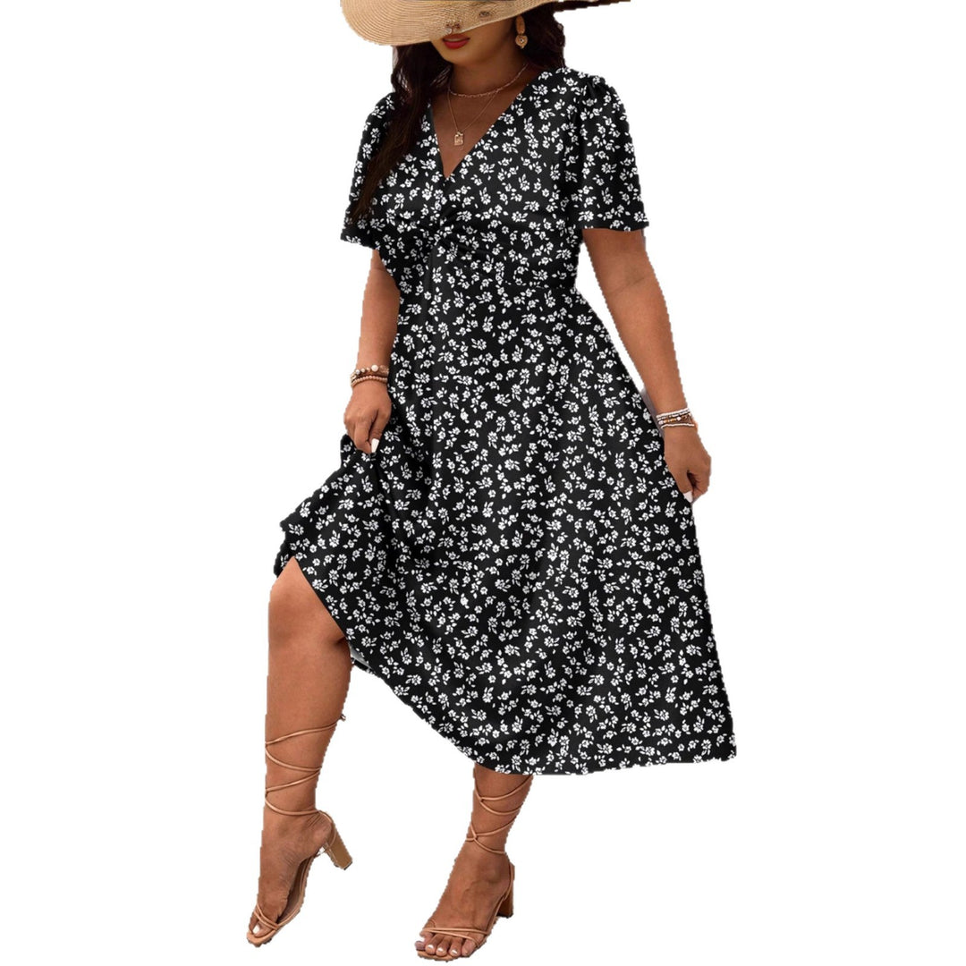Damen Midi-Kleid mit Blumenmuster und vorteilhaftem Schlitz Drune