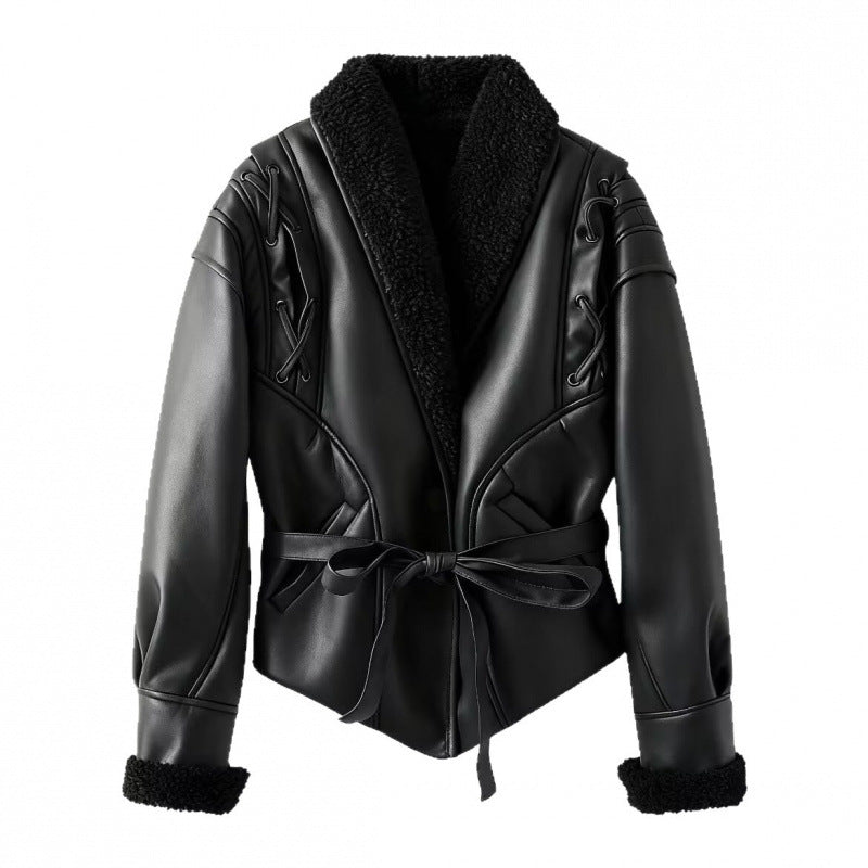 Drune | Damen Fake Lederjacke mit Teddy Futter