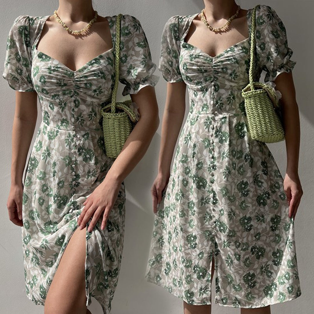 Damen Blumenkleid mit gerafften Ärmeln und seitlichem Schlitz Drune
