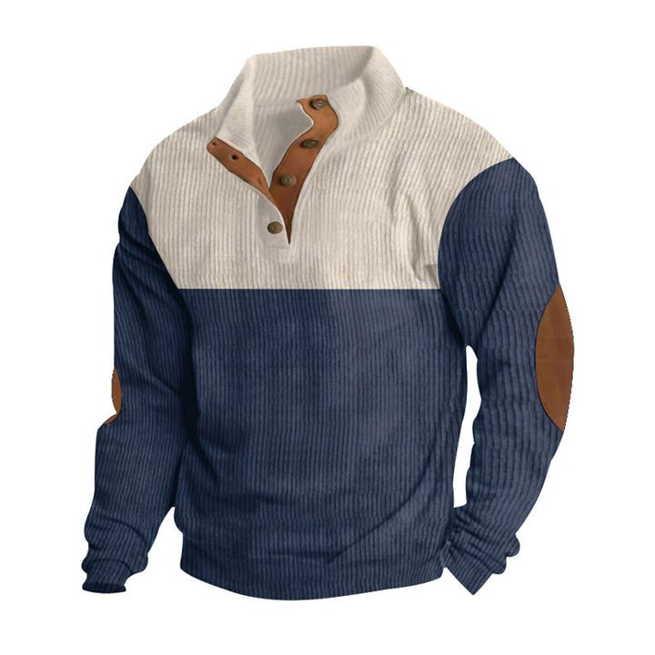 Herren nan rustikaler gerippter Pullover mit Henley-Kragen und lederartigen Ellbogenbesätzen Drune