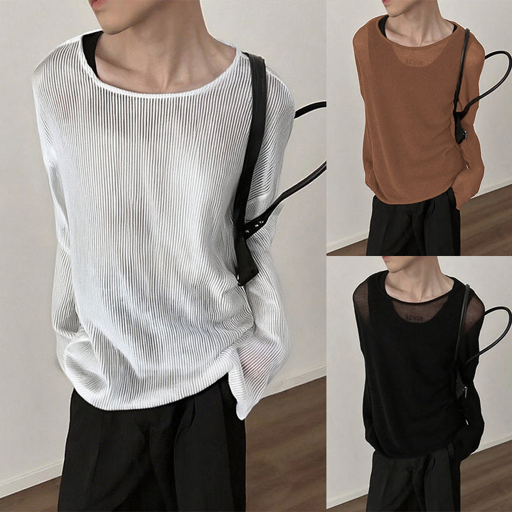 Damen nan locker fallendes Langarm-Feinstrickshirt mit feinem Rippenmuster und Rundhalsausschnitt Drune