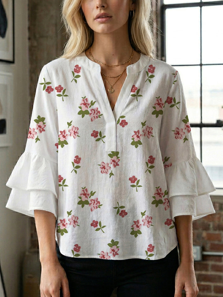 Damen Bluse mit voluminösen Rüschenärmeln und modernem Motiv Drune