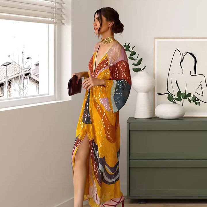 Damen Maxikleid mit buntem Print und modernen langen Ärmeln Drune