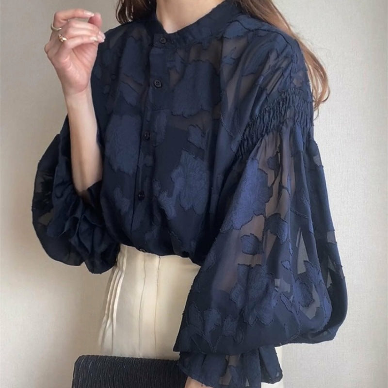 Damen elegante Bluse mit floralem Stickmuster und voluminösen Ärmeln Drune