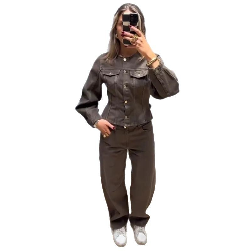 Damen Modische Jeansjacke mit Puffärmeln und Knopfdetails Drune