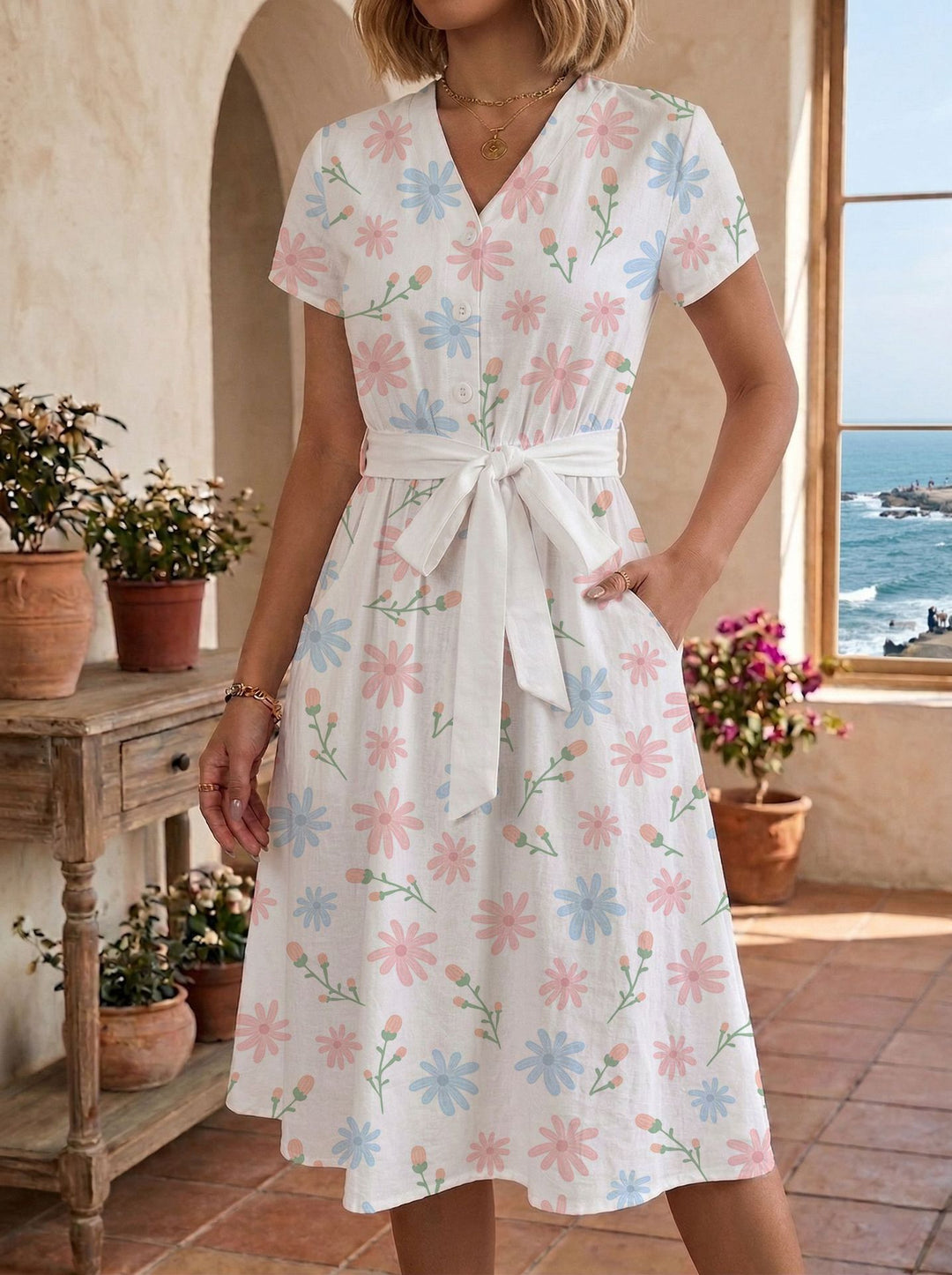 Damen lässiges Maxikleid mit taillierbarem Knoten und dekorativem Karomuster Drune
