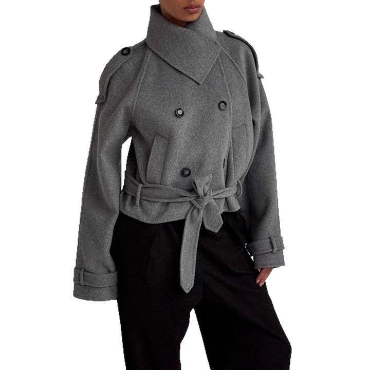 Damen modische Oversized-Wolljacke mit hohem Kragen und Gürtel Drune