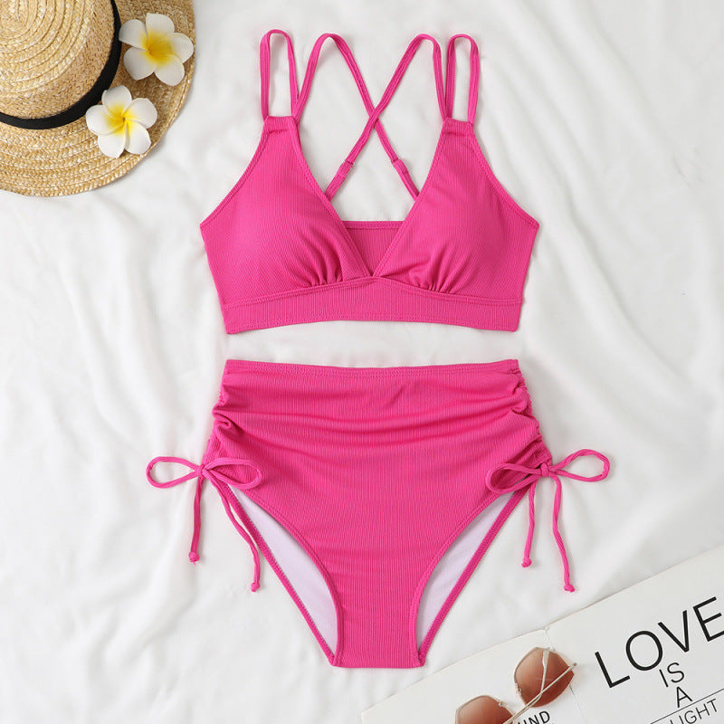 Damen schickes High-Waist-Bikini-Set mit verstellbaren Trägern und Raffung Drune