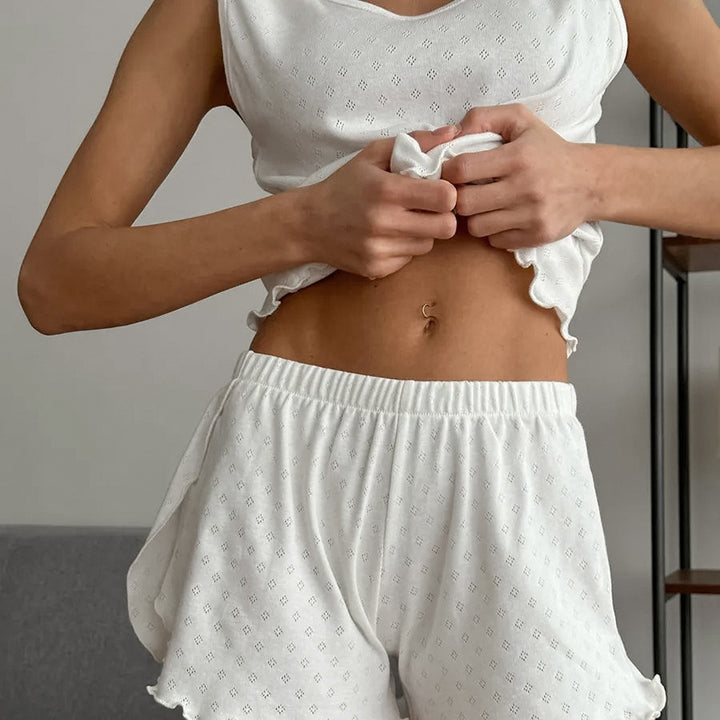 Damen komfortables Schlafshorts-Set mit Rüschendetails Drune