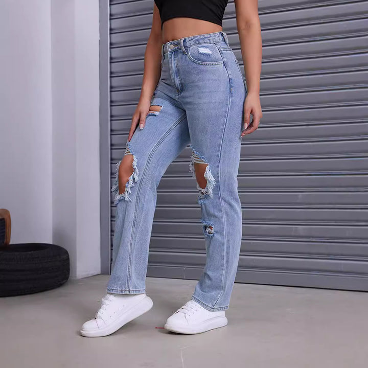 Damen Destroyed Jeans mit modernem High-Waist Schnitt und auffälligen Rissdetails Drune