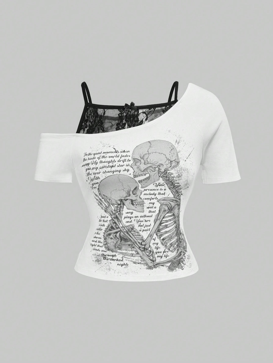 Damen Raffiniertes grafisches T-Shirt mit Spitzenunterlayer Drune