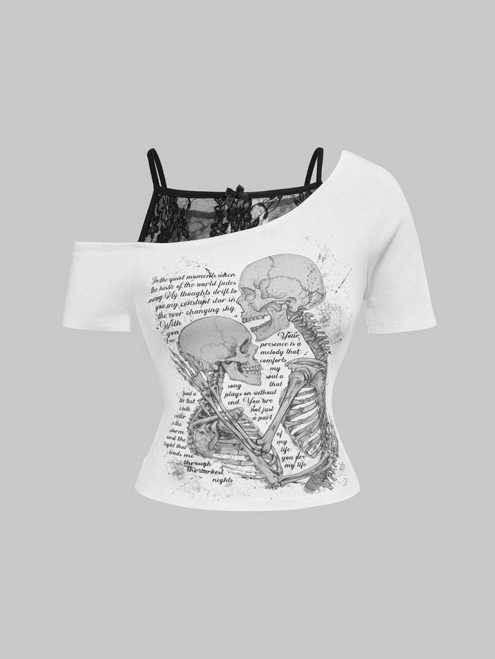 Damen Raffiniertes grafisches T-Shirt mit Spitzenunterlayer Drune