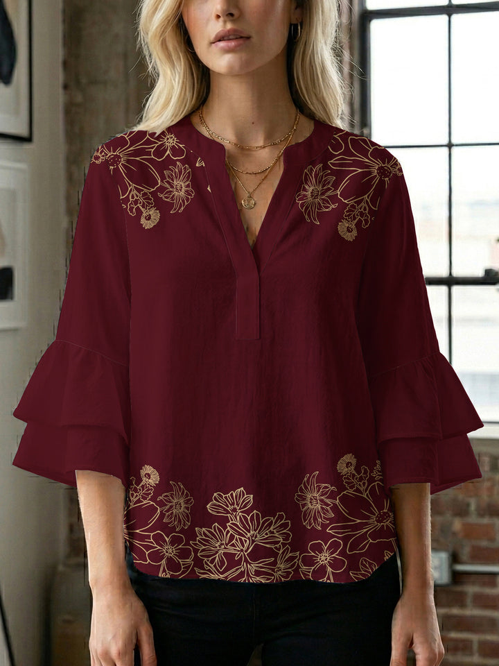Damen Bluse mit voluminösen Rüschenärmeln und floralem Druck Drune