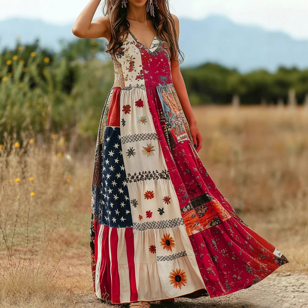 Damen Baumwoll Maxikleid mit Muster Mix und V-Ausschnitt Drune