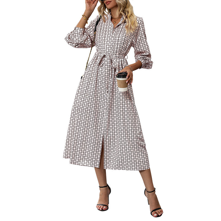 Damen Langarm-Hemd-Kleid mit taillierbarem Bindegürtel und modischem Muster Drune