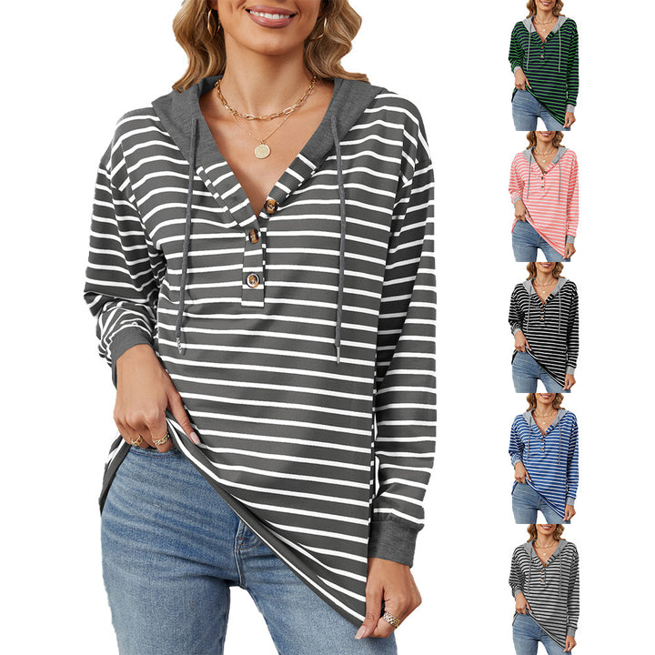Damen lässiger Streifen-Hoodie mit Knopfleiste und bequemem Schnitt Drune