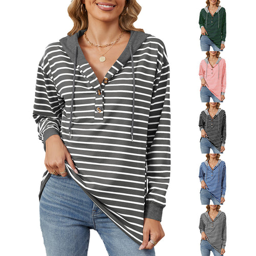 Damen lässiger Streifen-Hoodie mit Knopfleiste und bequemem Schnitt Drune