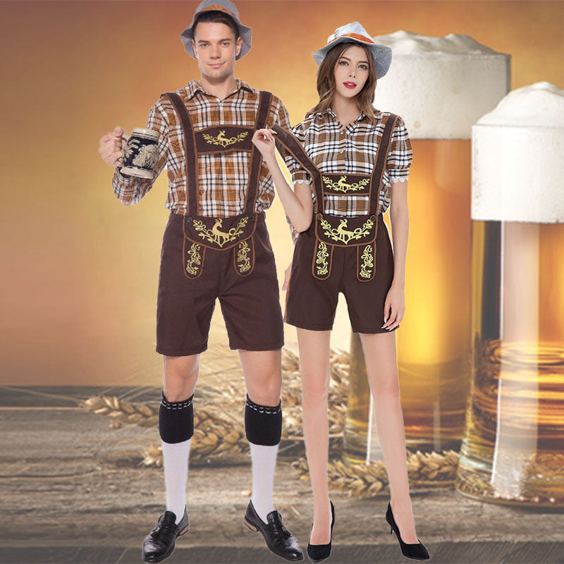 Damen nan Trachten-Shorts Latzhose mit bestickter Vorderpasse, verstellbaren Trägern und kariertem Blusen-Set Drune
