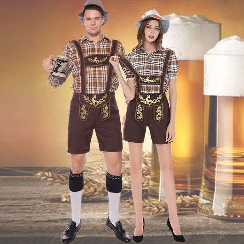 Damen nan Trachten-Shorts Latzhose mit bestickter Vorderpasse, verstellbaren Trägern und kariertem Blusen-Set Drune
