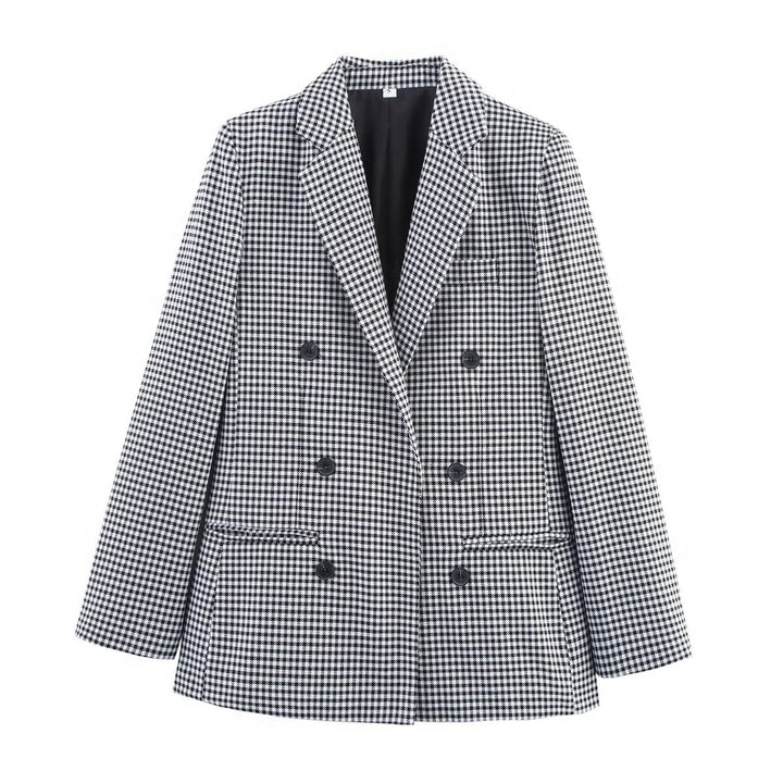 Damen karierter Blazer mit doppelter Knopfleiste und strukturiertem Stoff Drune
