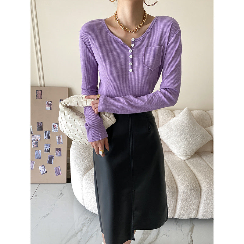 Damen Langärmeliges Henley-Oberteil mit Knopfleiste Drune