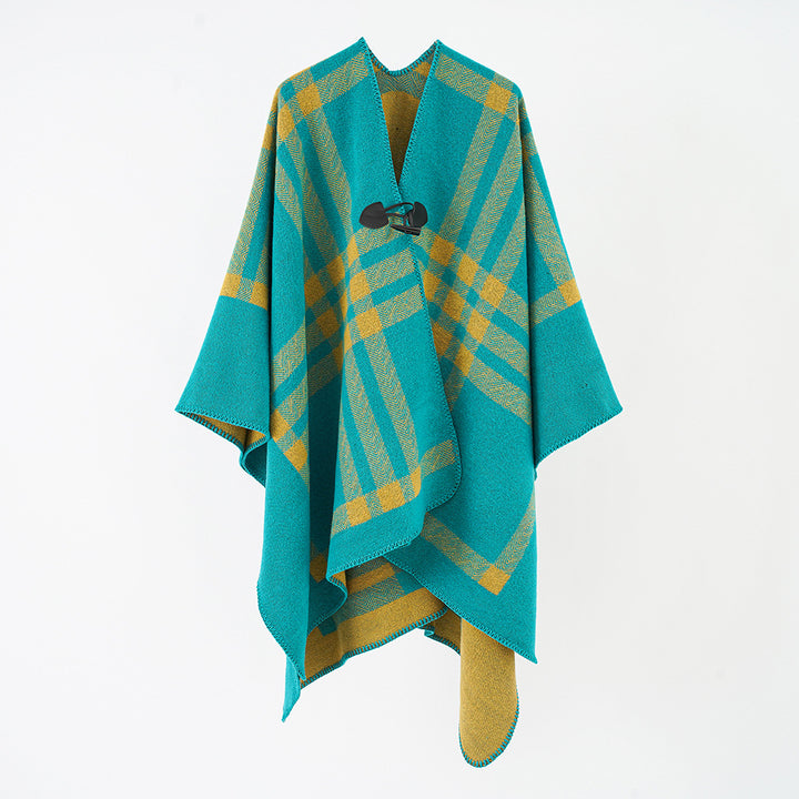 Damen Luxuriöser Geometrischer Poncho aus weichem Material mit dezenter Knopfverzierung Drune