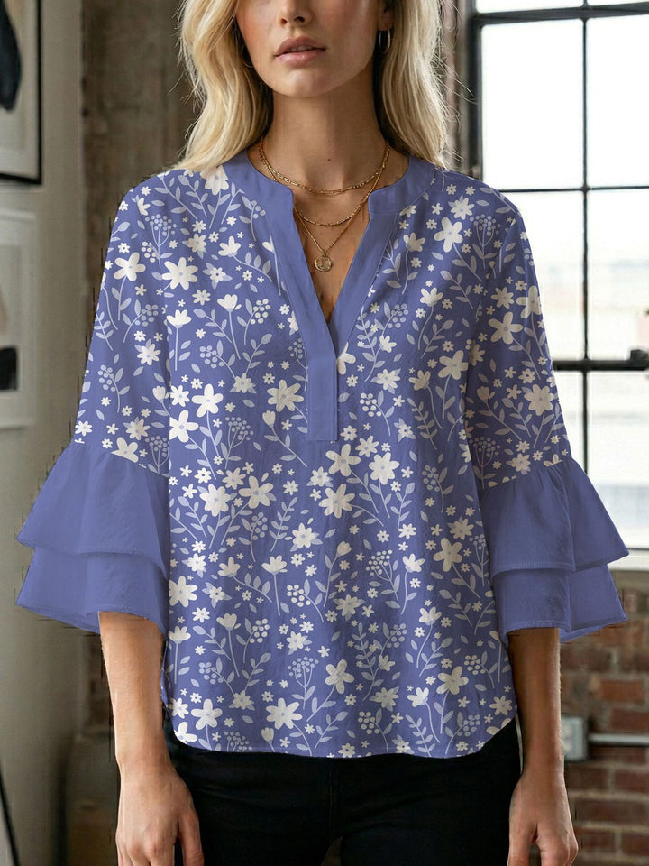 Damen Blusenshirt mit voluminösen Ärmeln und kreativem Druckdesign Drune