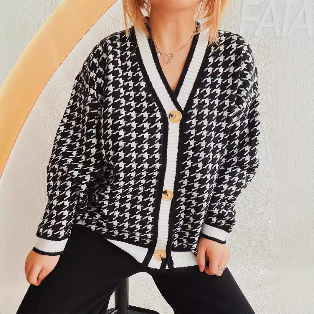 Damen oversized Strickjacke im klassischen Hahnentrittmuster Drune
