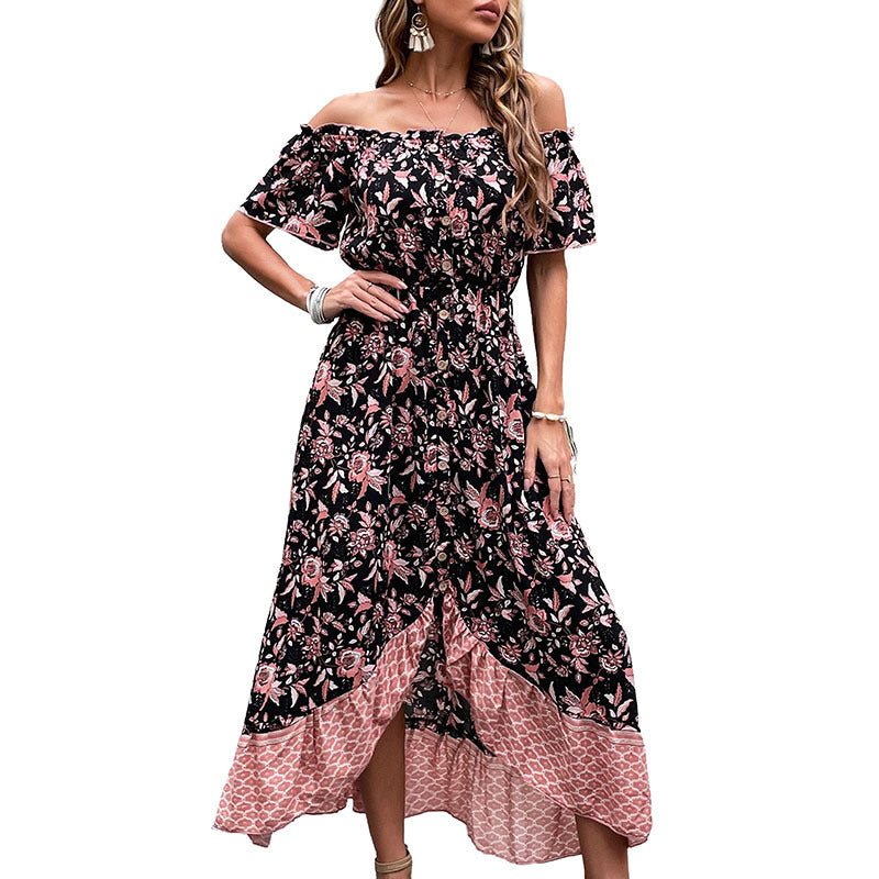 Damen Off-Shoulder Maxikleid mit floralem Muster und hohem Schlitz Drune
