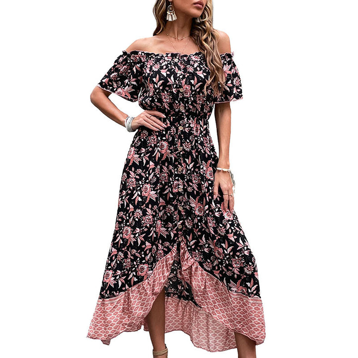Damen Off-Shoulder Maxikleid mit floralem Muster und hohem Schlitz Drune