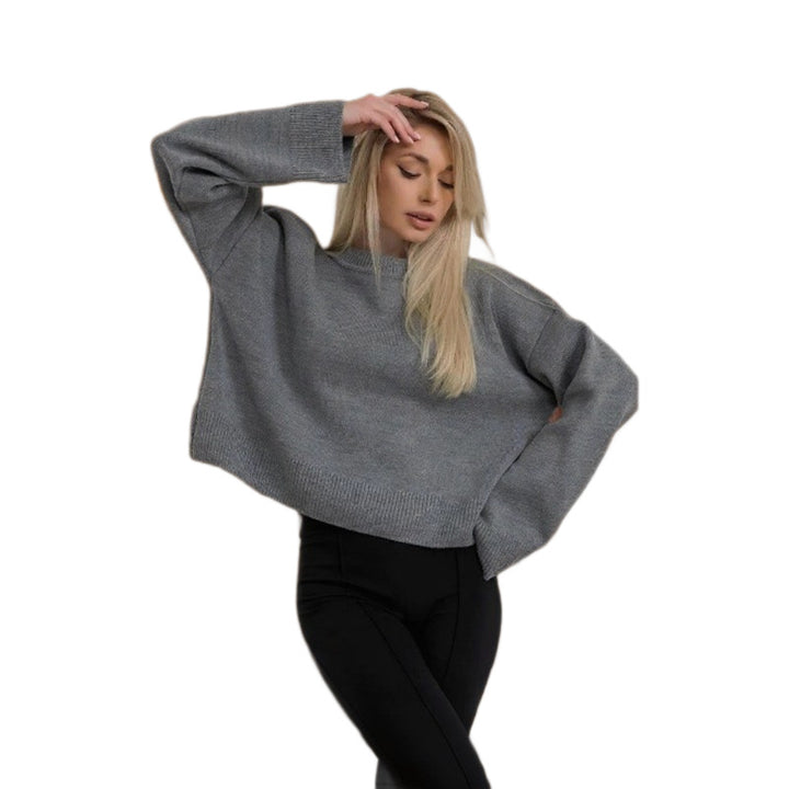 Damen cropped Strickpullover mit voluminösen Ärmeln und Rundhalsausschnitt Drune