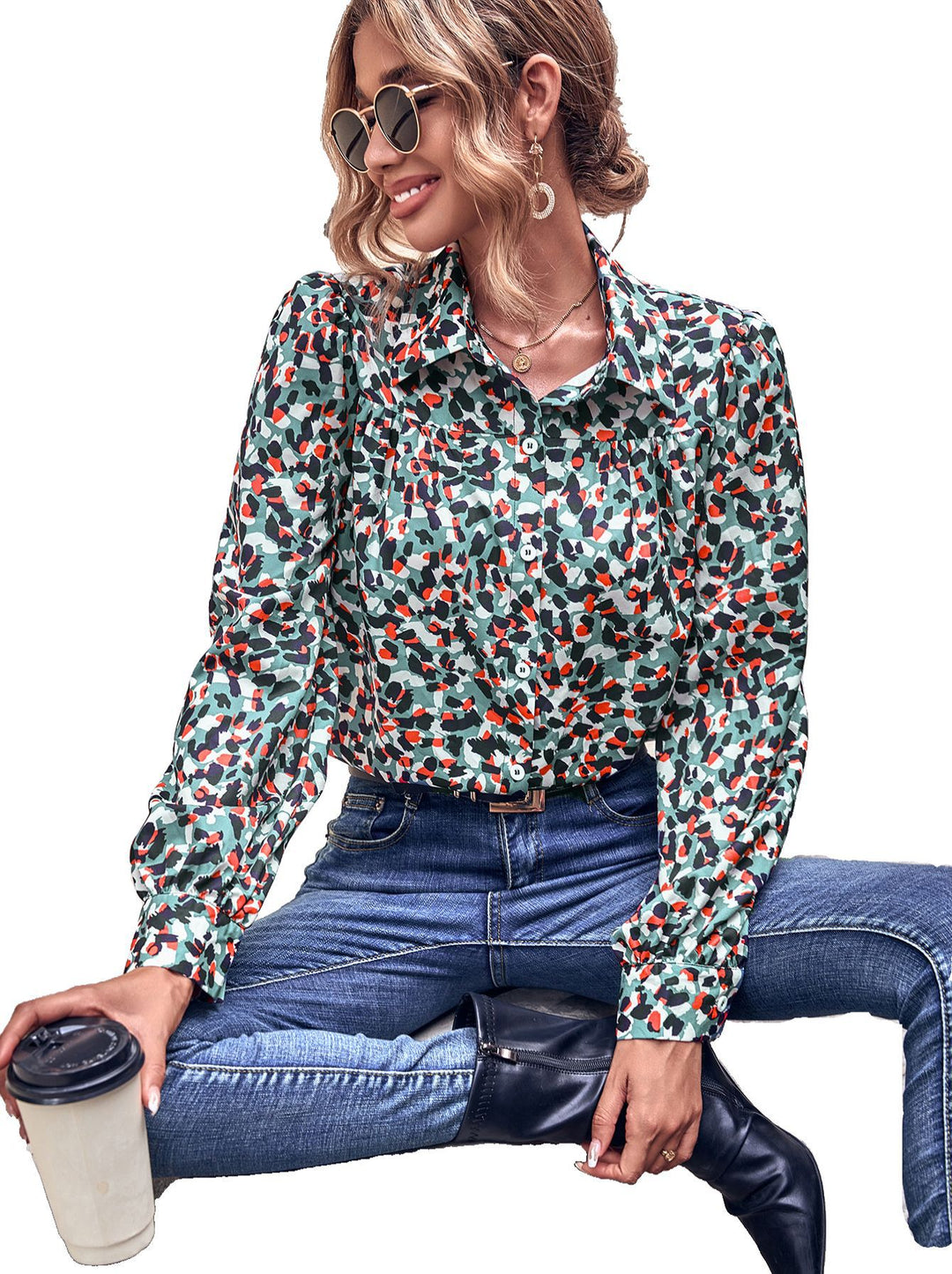 Damen Bluse mit floralem Druck und modischem Puffärmel Drune