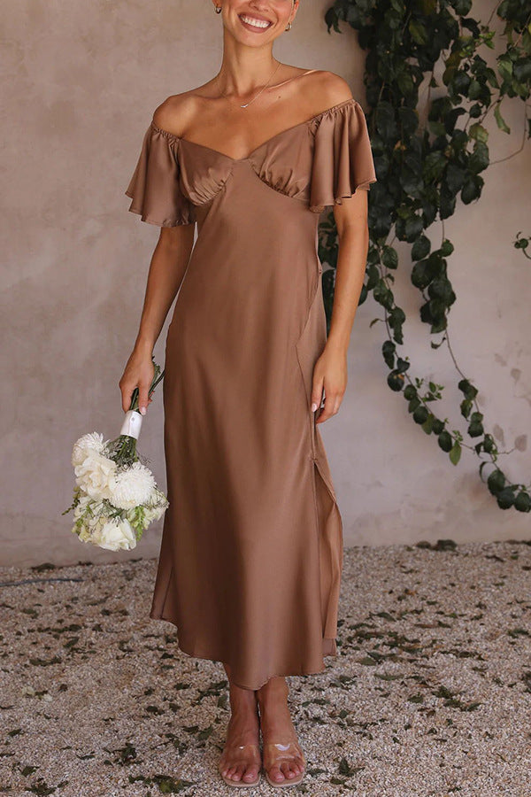Damen Off-Shoulder Midi-Kleid mit voluminösen Ärmeln und eleganten Akzenten Drune