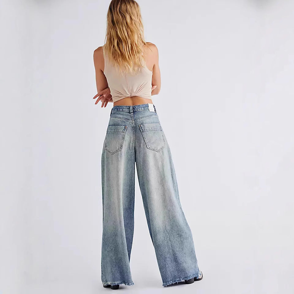 Damen nan extraweite High‑Waist Palazzo-Jeans aus Denim mit rohem Saum und Vintage-Waschung Drune