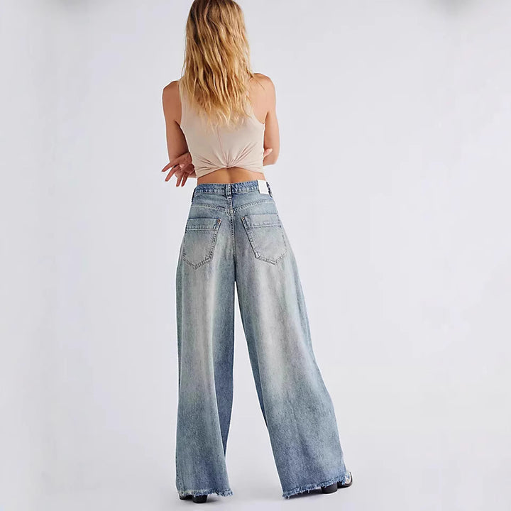 Damen nan extraweite High‑Waist Palazzo-Jeans aus Denim mit rohem Saum und Vintage-Waschung Drune