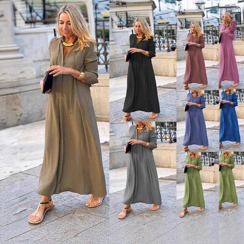 Damen Maxikleid mit verstellbarem Taillenbund und eleganten Ärmeln Drune
