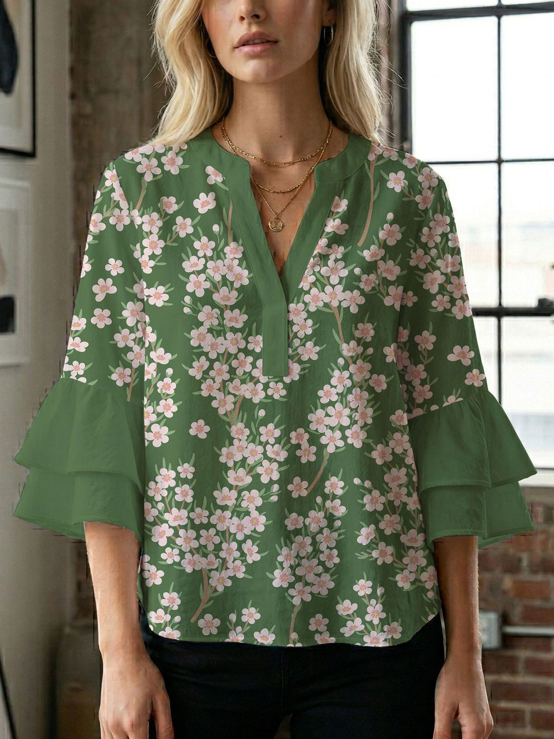 Damen Blusenshirt mit voluminösen Ärmeln und kreativem Druckdesign Drune