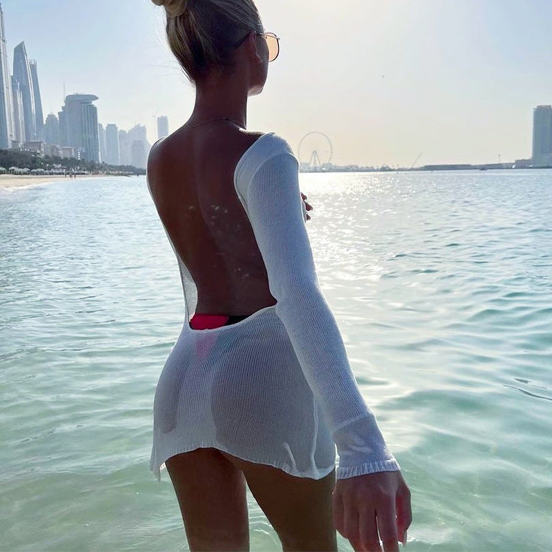 Damen luftiges Strick-Strandkleid mit transparentem Design und langen Ärmeln Drune