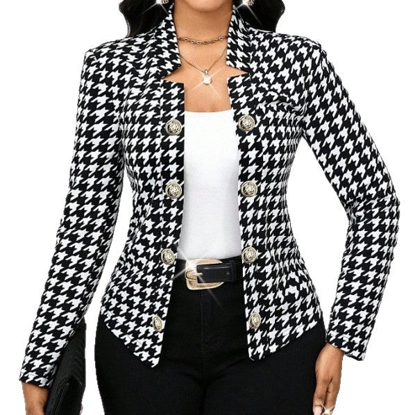 Damen Elegante Blazerjacke im Hahnentritt-Muster mit glänzenden Knöpfen Drune