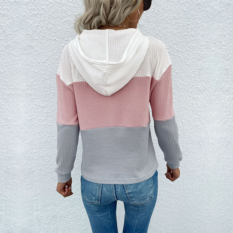 Damen lässiger Kapuzenpullover mit gestreiftem Waffeldesign und modernen Kontrastdetails Drune