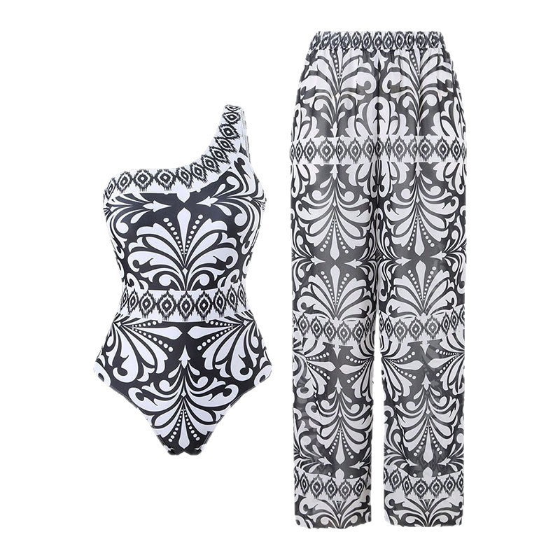 Damen einteiliger Badeanzug mit farbenfrohem Druck und passender Palazzo-Hose Drune