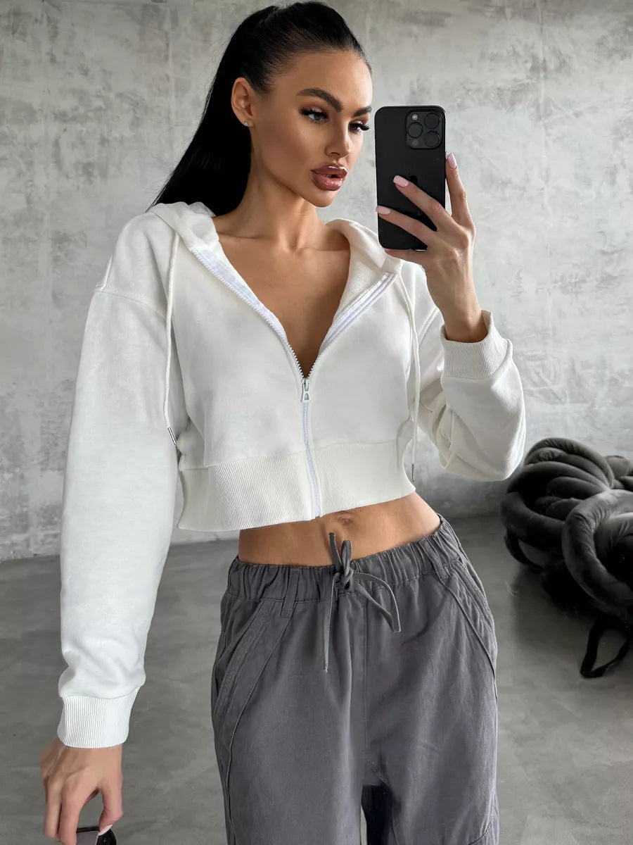 Damen cropped Kapuzenpullover mit modernem Reißverschluss und lässigem Schnitt Drune