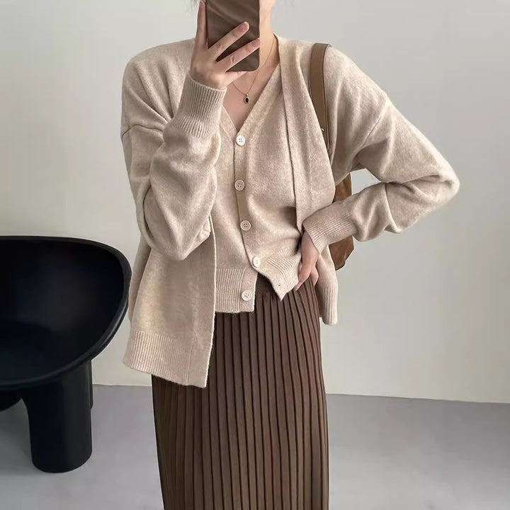 Damen Gemütliche Strickjacke mit tiefem V-Ausschnitt und strukturiertem Rippdesign Drune