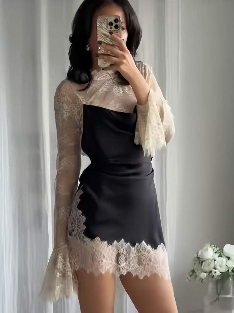 Damen Chiffon Abendkleid mit eleganten Spitzendetails und schwingenden Ärmeln Drune