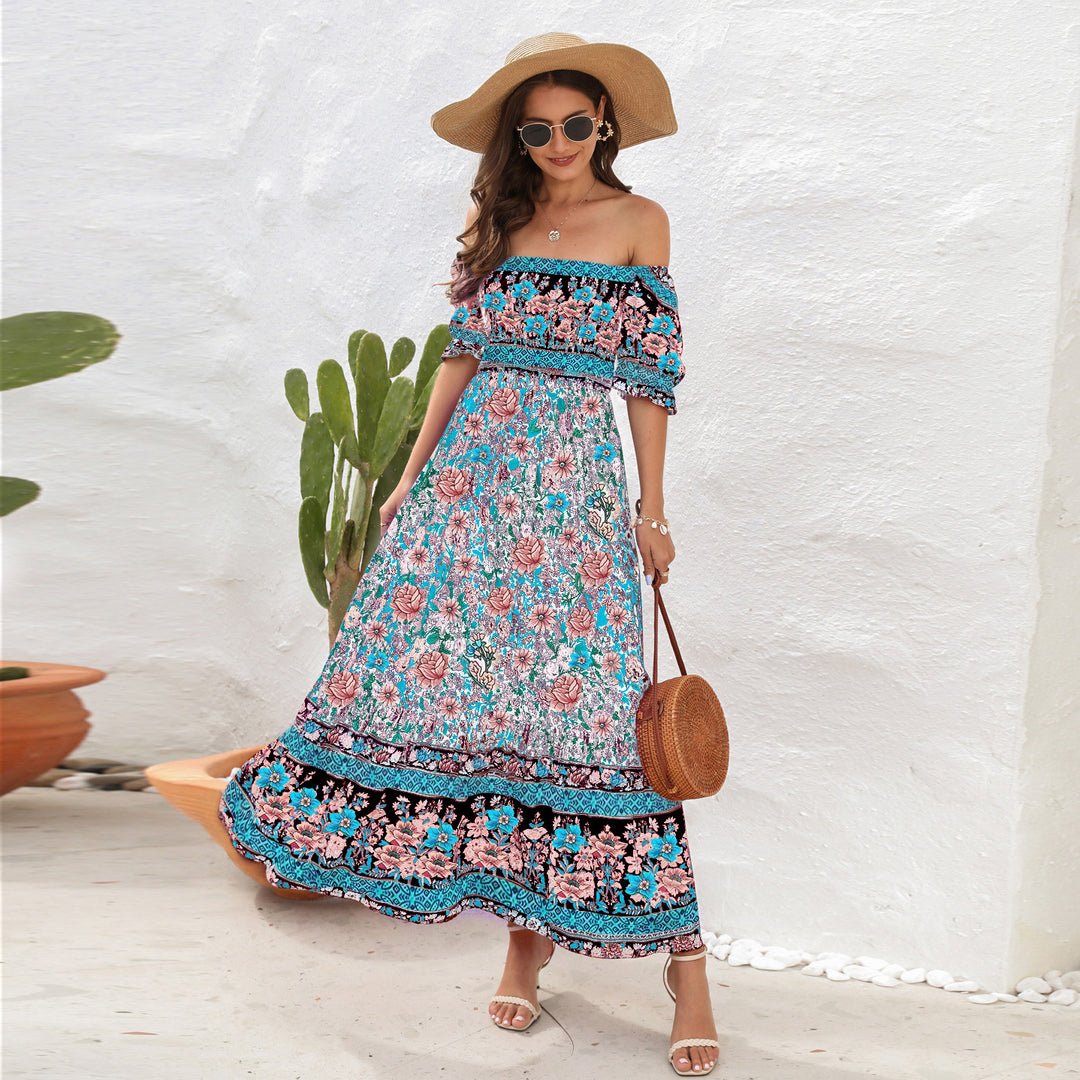 Damen Maxi-Kleid mit schulterfreier Passform und floralen Mustern Drune