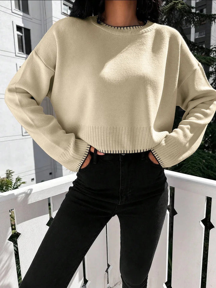 Damen cropped Strickpullover mit breitem Bund und dekorativem Detail Drune