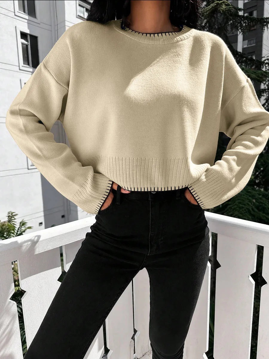 Damen lässiger Kurzpullover mit strukturiertem Saum und modischen Akzenten Drune