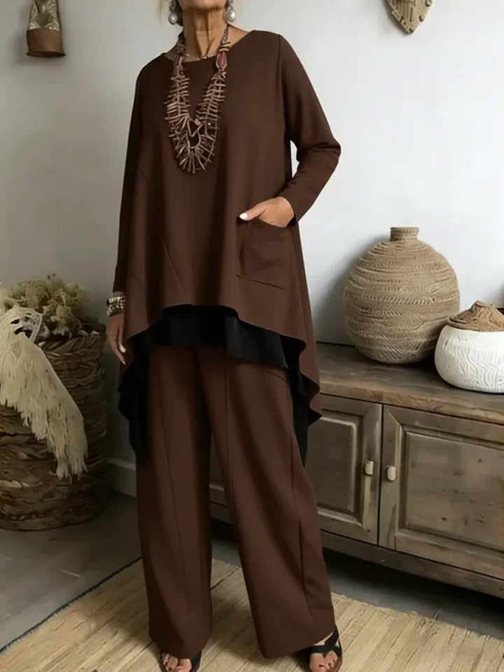 Damen lässiges Ensemble aus asymmetrischem Oberteil und weitem Hosen Drune