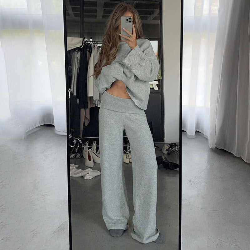Damen nan kaschmirähnliches Strick-Lounge-Set mit Oversize-Pullover und weiten Palazzo-Hosen Drune