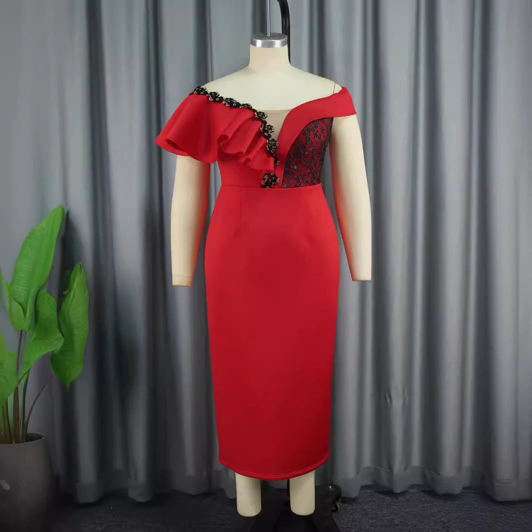 Damen elegantes Kleid mit asymmetrischem Schnitt und floralen Akzenten Drune